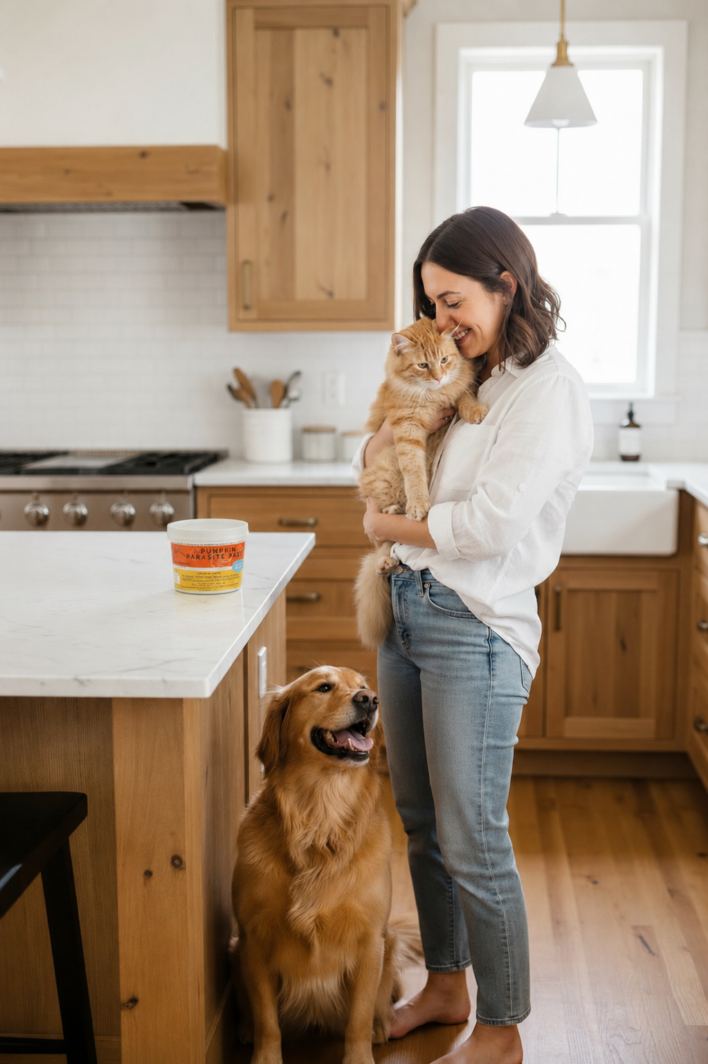 Pumpkin Parasite Paste for dogs and cats shown with a pet parent, cat, and dog in a home setting