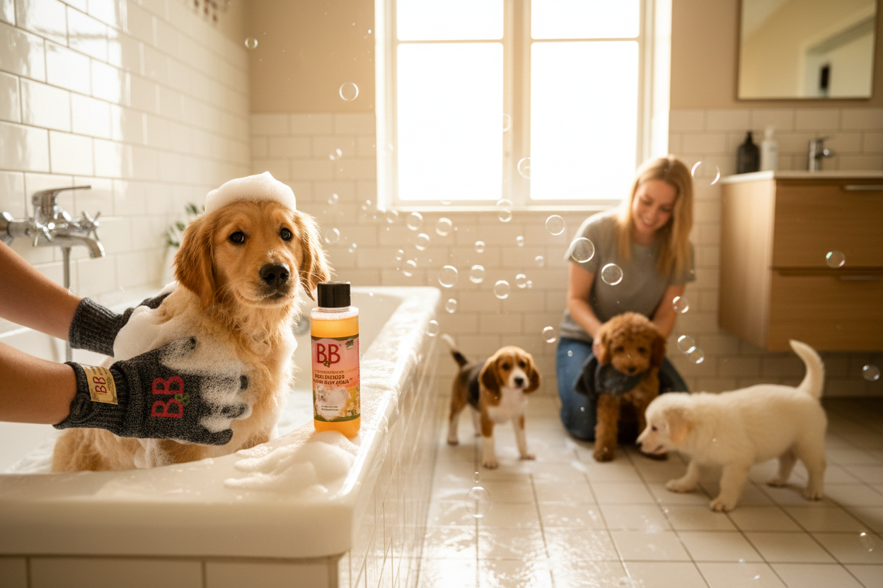 Puppy enjoying a bath with B&B grooming products