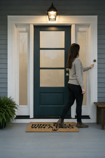 Woman approaching a front door and reaching toward the doorbell with Ring Bell Win a Dog coir doormat