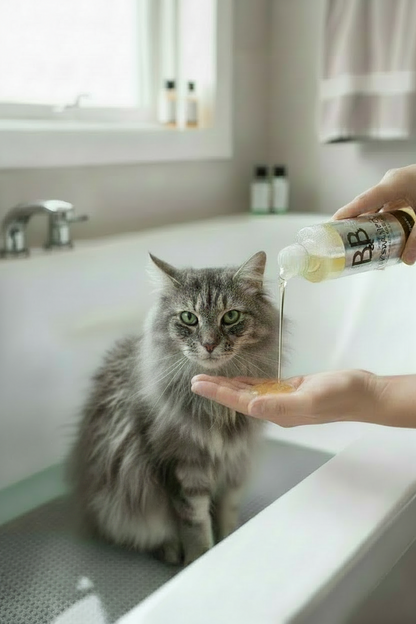 Cat being gently shampooed with B&B Organic Silver Shampoo
