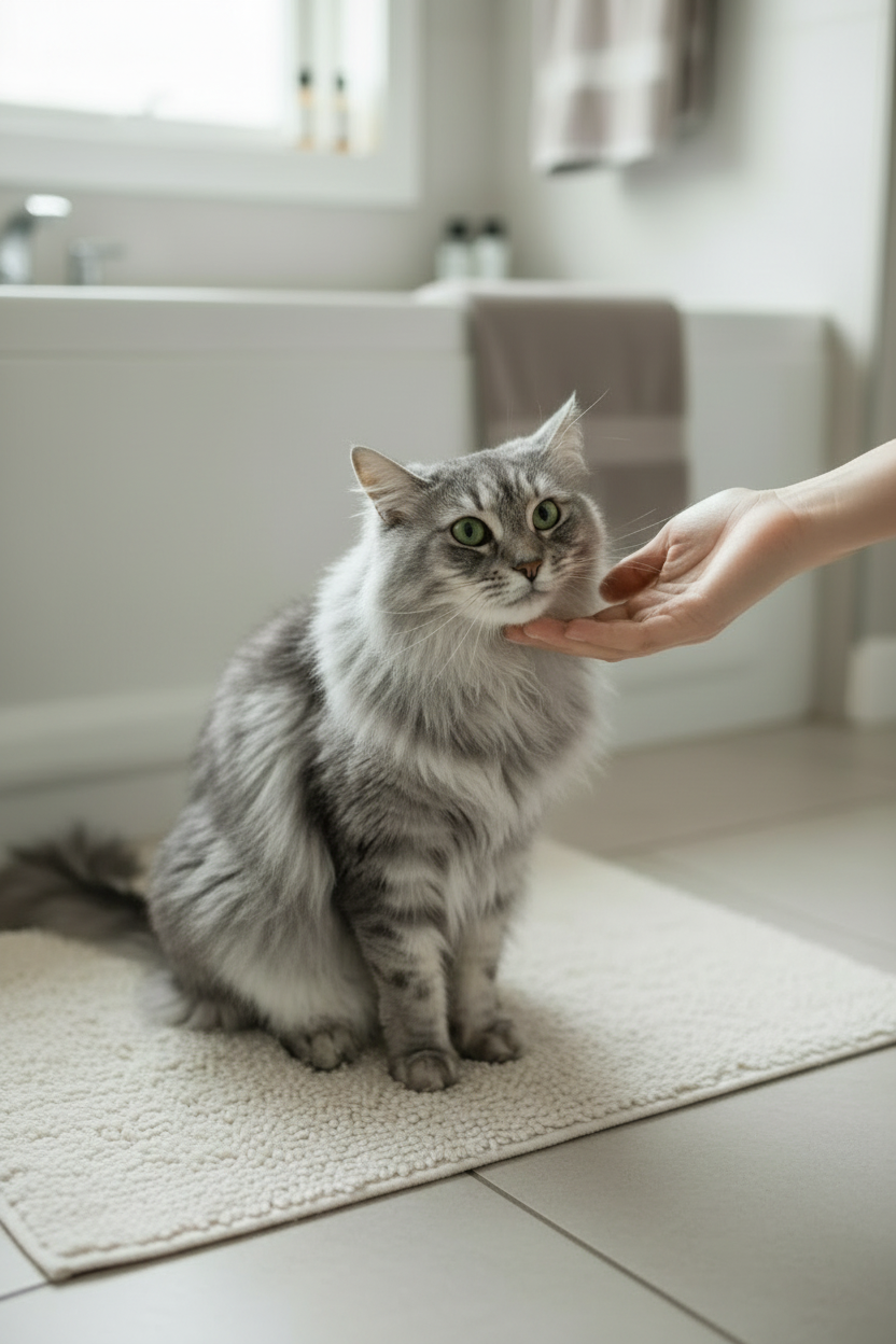 Long-haired cat relaxing after grooming with a clean, healthy-looking coat