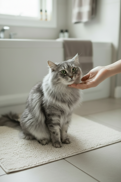 Long-haired cat relaxing after grooming with a clean, healthy-looking coat