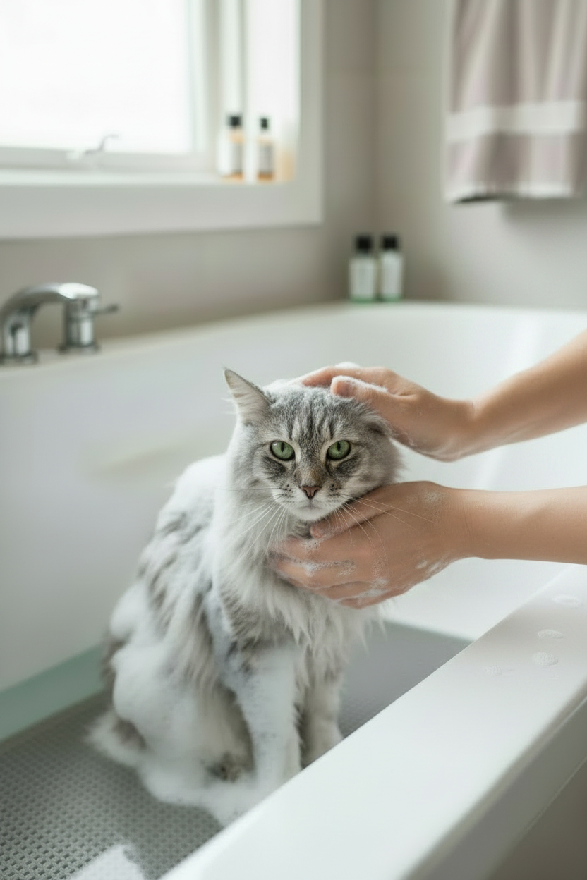 Long-haired cat receiving a gentle shampoo with B&B Organic Silver Shampoo