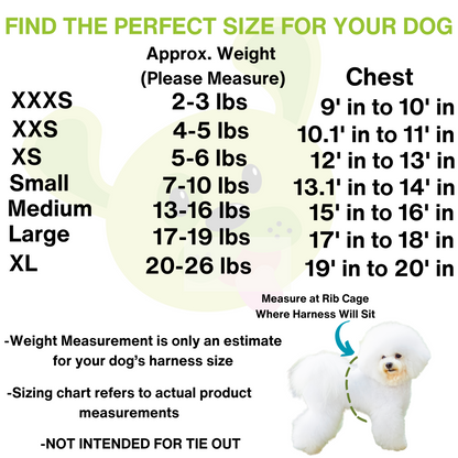 EcoBark dog harness measurement chart with neck and chest sizing