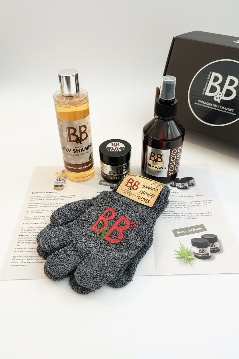 B&B Colloidal Silver Starter Box contents including shampoo, salve, colloidal silver and bamboo washing gloves