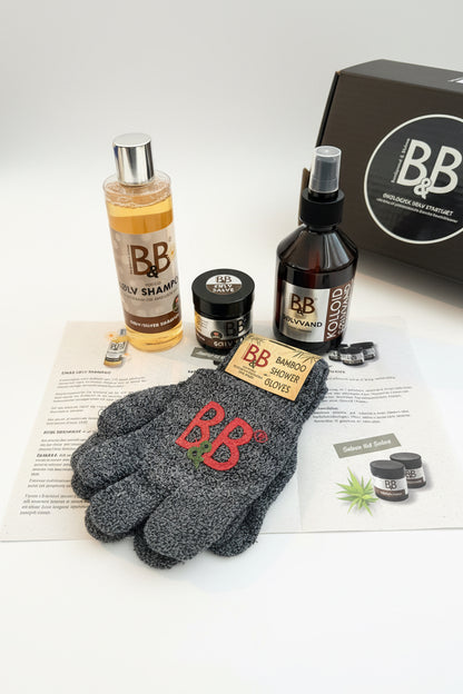 B&B Colloidal Silver Starter Box contents including shampoo, salve, colloidal silver and bamboo washing gloves