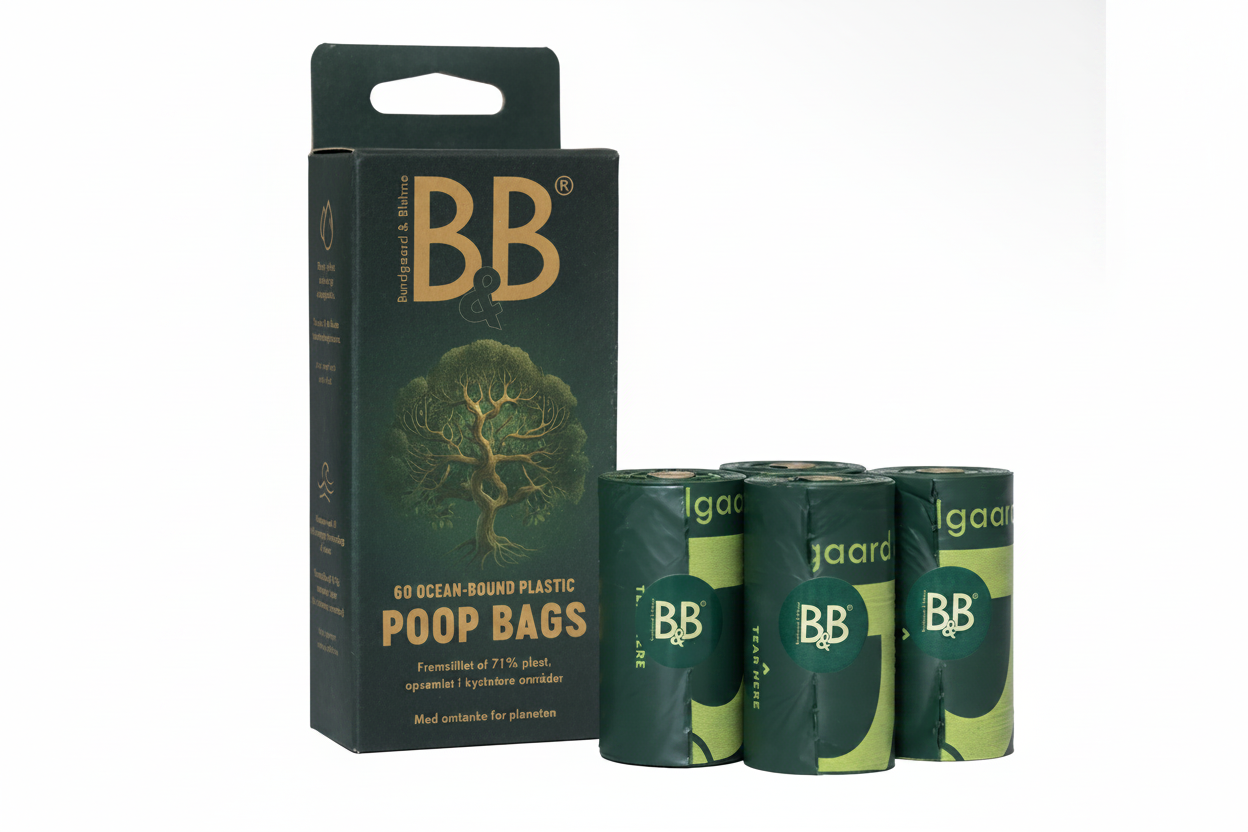 B&B Poop Bags from Ocean-Bound Plastic 60 Bags package with three rolls displayed