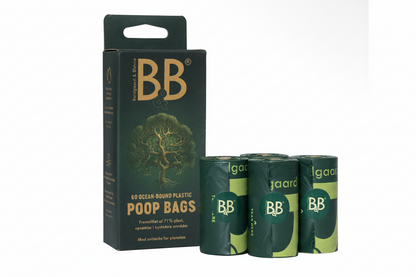 B&B Poop Bags from Ocean-Bound Plastic 60 Bags package with three rolls displayed