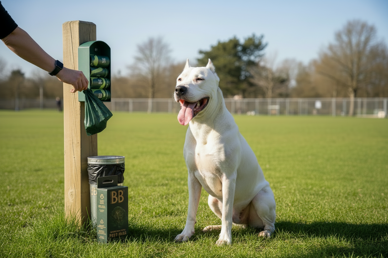 B&B Poop Bags from Ocean-Bound Plastic shown in use at a dog park with a B&B bag dispenser