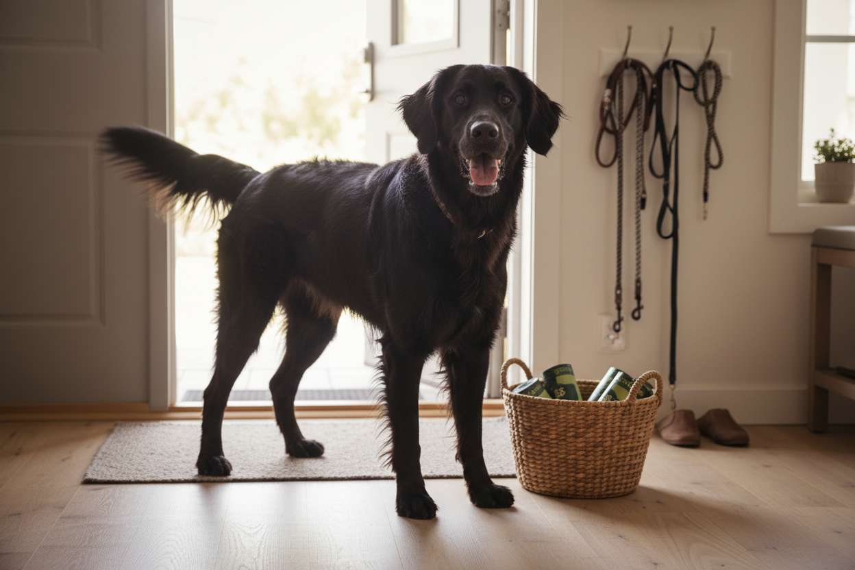 Dog at home with B&B Poop Bags from Ocean-Bound Plastic