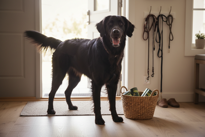 Dog at home with B&B Poop Bags from Ocean-Bound Plastic