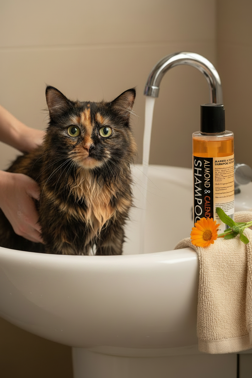 Long-haired tortoiseshell cat being bathed beside B&B Almond & Marigold cat shampoo