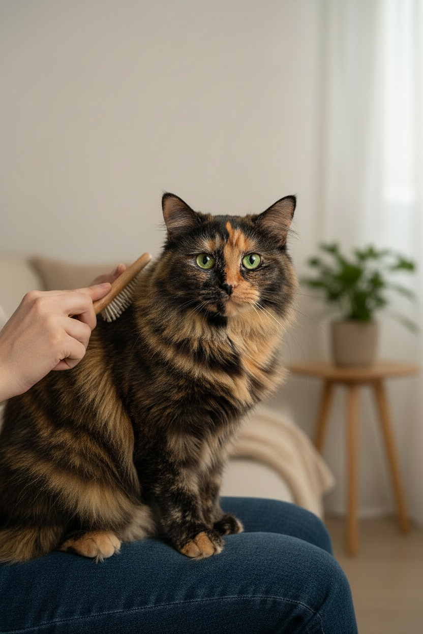 Long-haired tortoiseshell cat being gently brushed during a grooming session