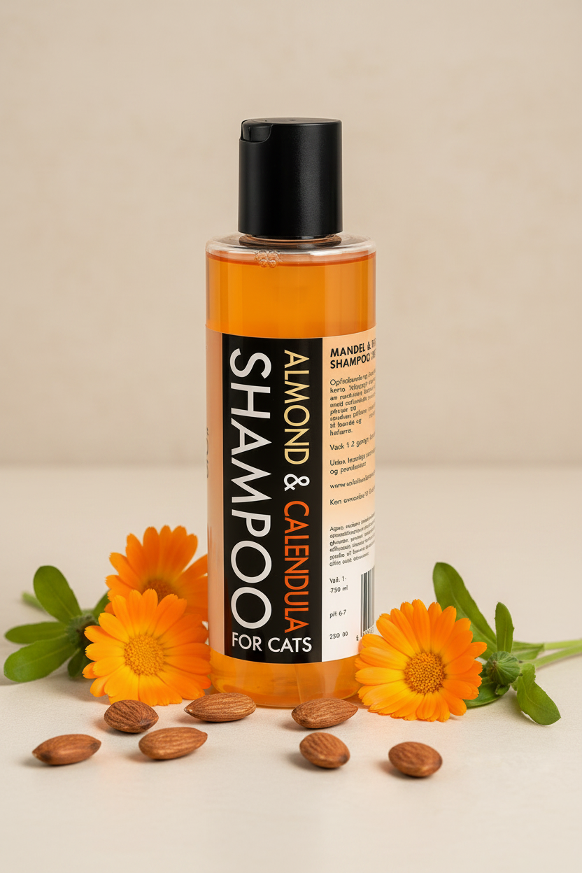 B&B Organic Cat Shampoo with Almond & Marigold bottle surrounded by fresh marigold flowers and almonds