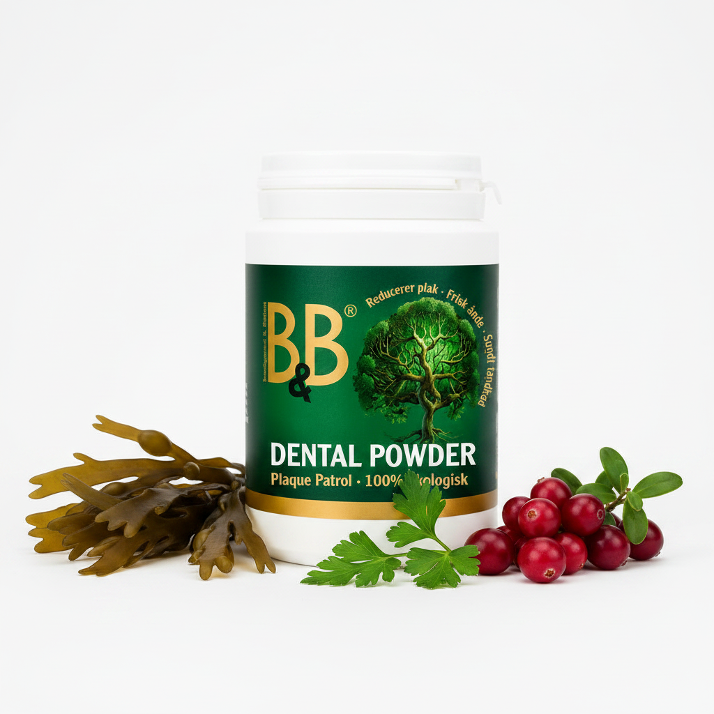 B&B Plaque Patrol Dental Powder with brown seaweed, organic cranberries and fresh parsley
