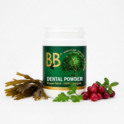 B&B Plaque Patrol Dental Powder with brown seaweed, organic cranberries and fresh parsley