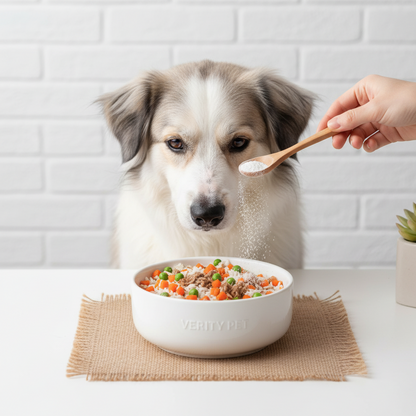 Dog receiving B&B Plaque Patrol Dental Powder with a meal