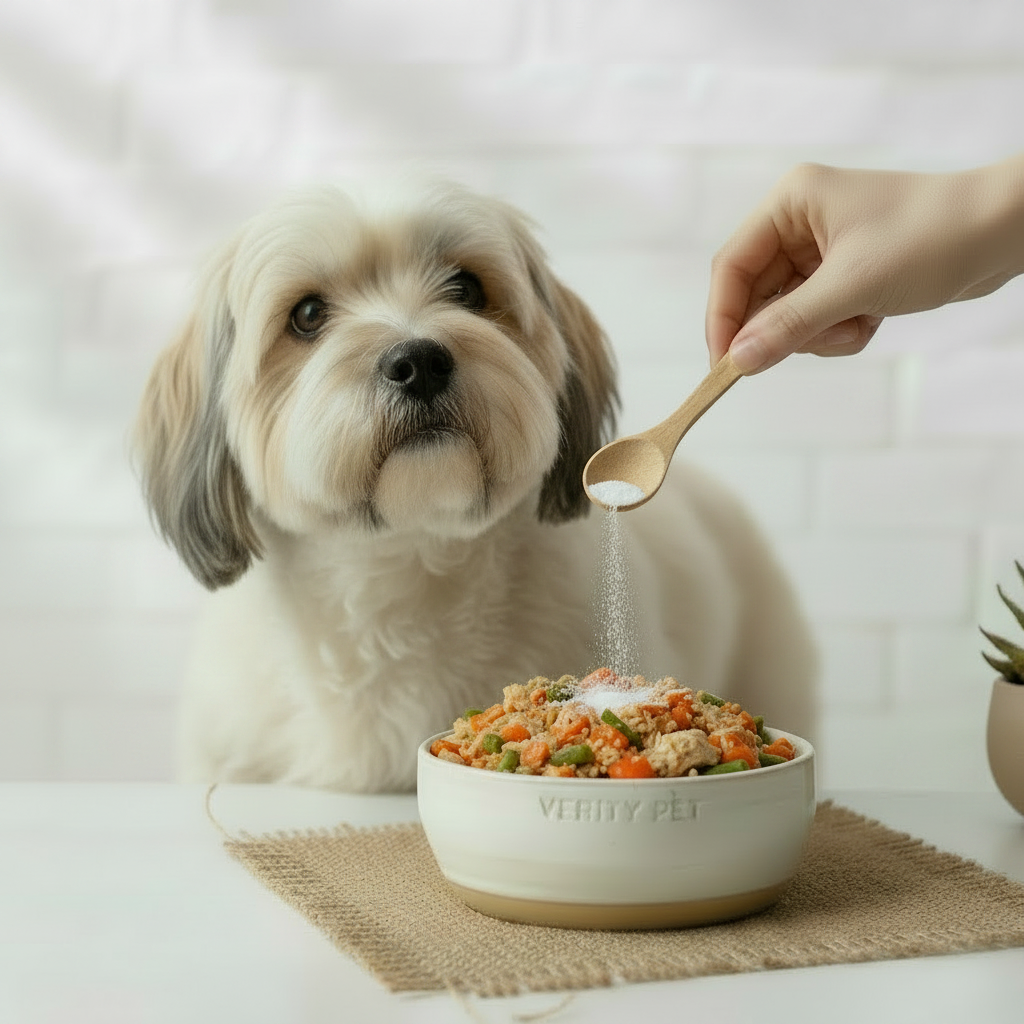 Small dog receiving B&B Plaque Patrol Dental Powder sprinkled over food