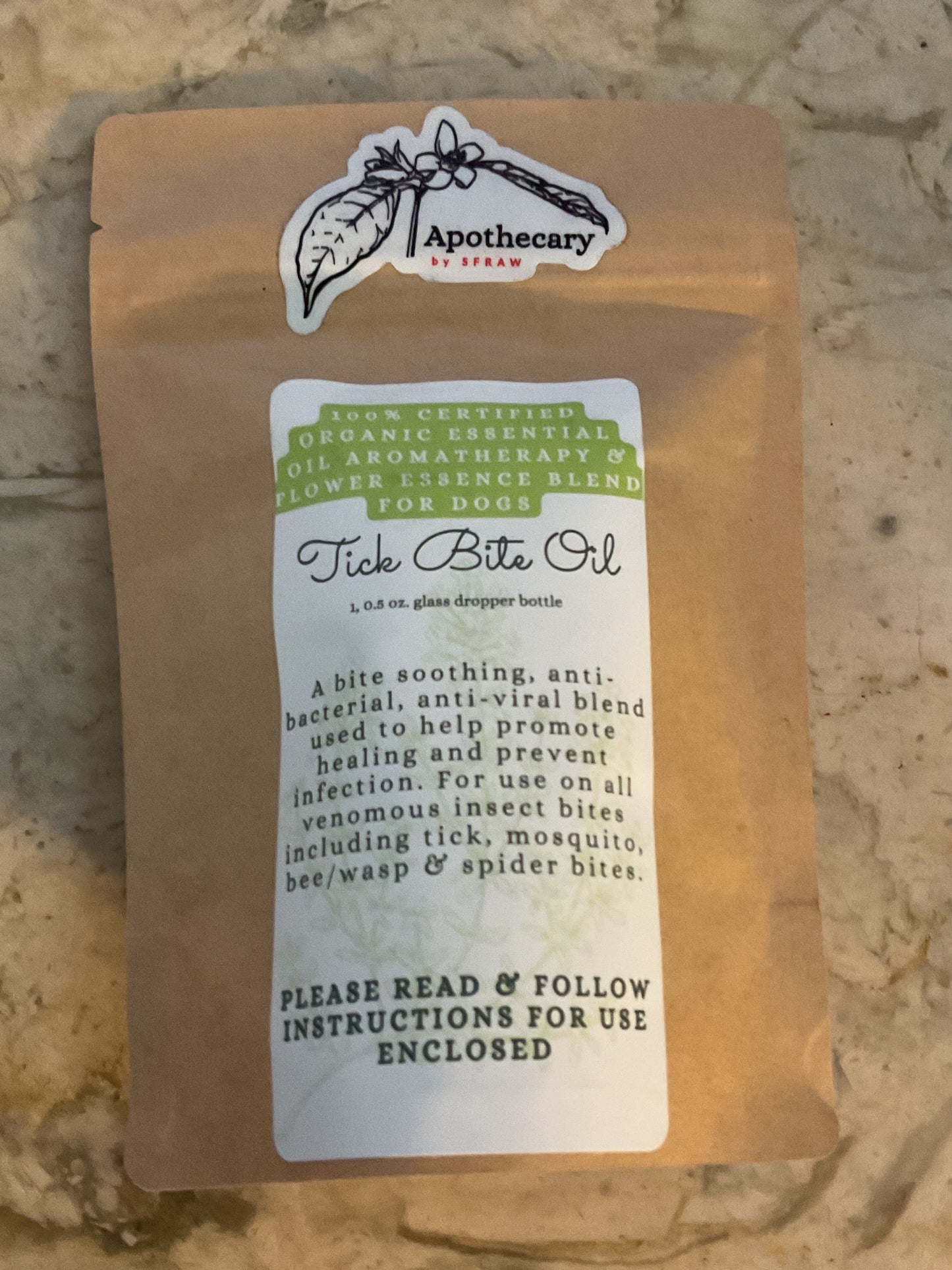 Tick & Spider Bite Oil Product Label with Ingredients and Directions