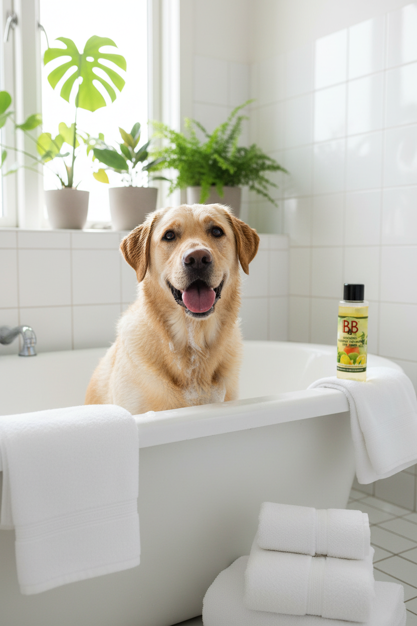B&B Organic Citrus Shampoo for Dogs shown beside a dog during bath time