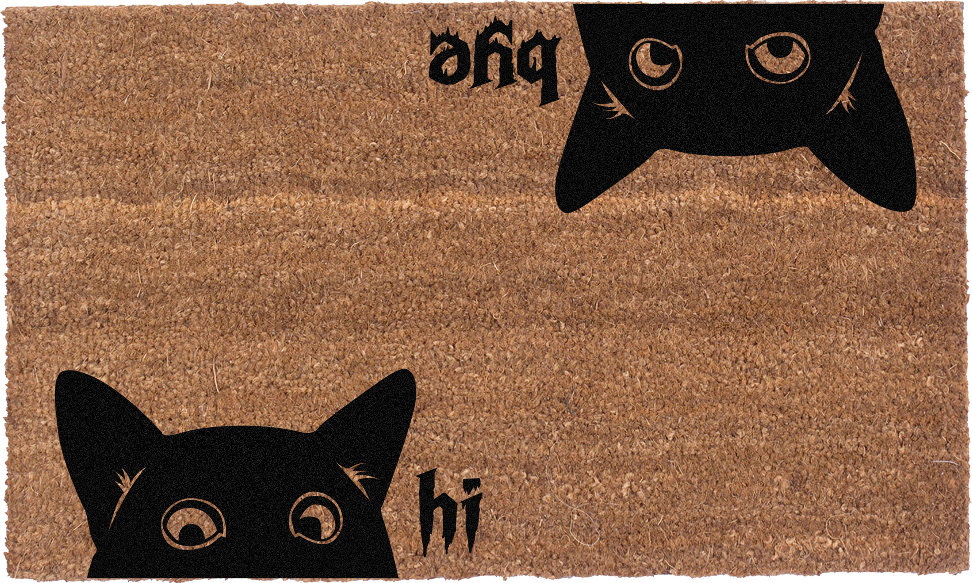 Close-up of Hi Bye Cat doormat showing black cat graphics, lettering, and natural coir texture