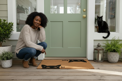 Woman kneeling beside and pointing to a Hi Bye Cat coir doormat