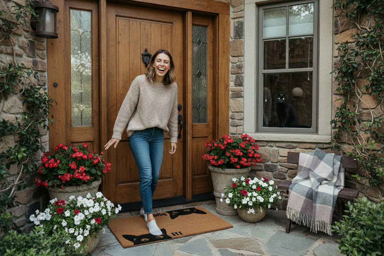 Woman leaving a home over a Hi Bye Cat coir doormat