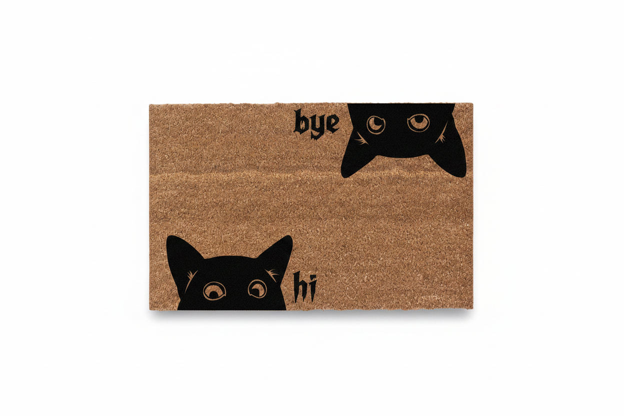 Hi Bye Cat doormat with black cat graphics and “hi” and “bye” lettering