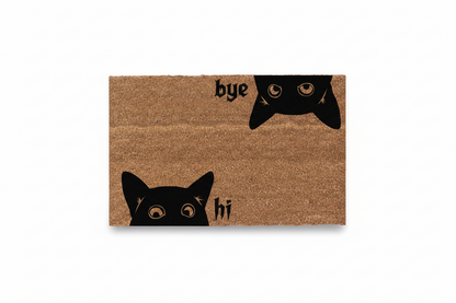 Hi Bye Cat doormat with black cat graphics and “hi” and “bye” lettering