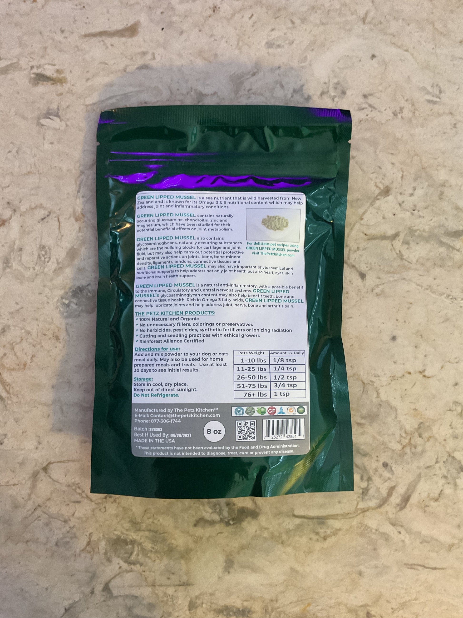 Green-Lipped Mussel Meal Topper for Dogs & Cats back package with ingredients and directions