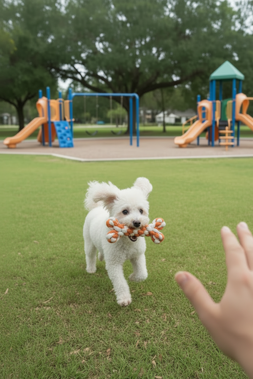 Small white dog carrying a handmade orange and white rope bone toy across a grassy park