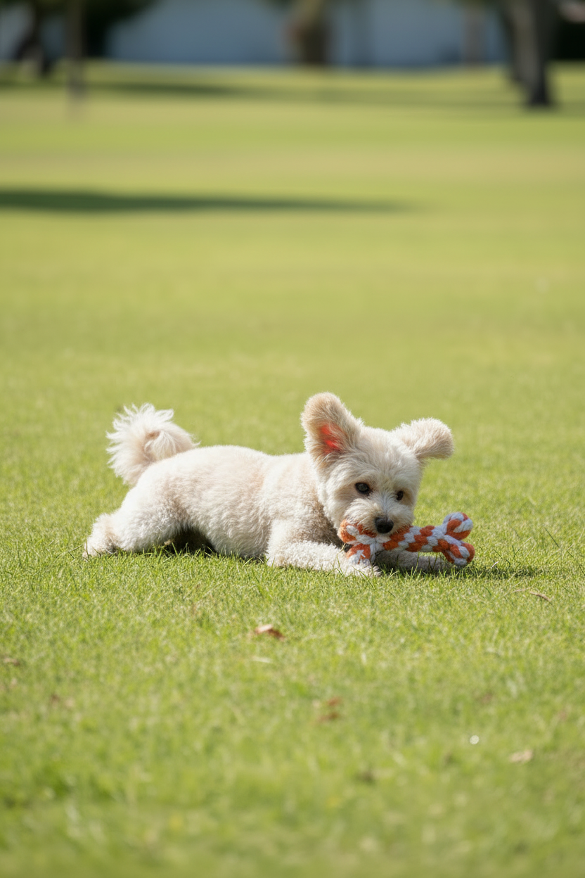 Small white dog lying on the grass with a handmade rope bone dog toy
