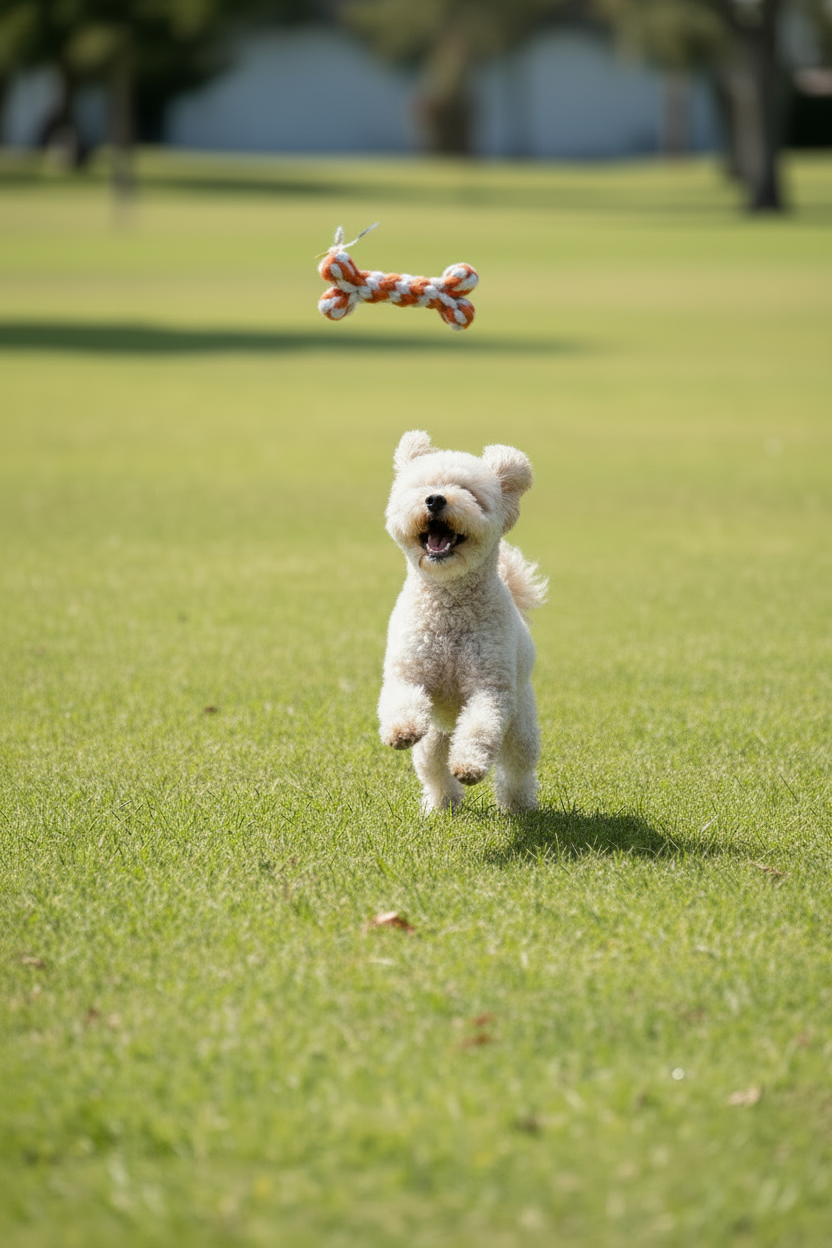 Small white dog running toward a handmade rope bone dog toy during an outdoor game of fetch