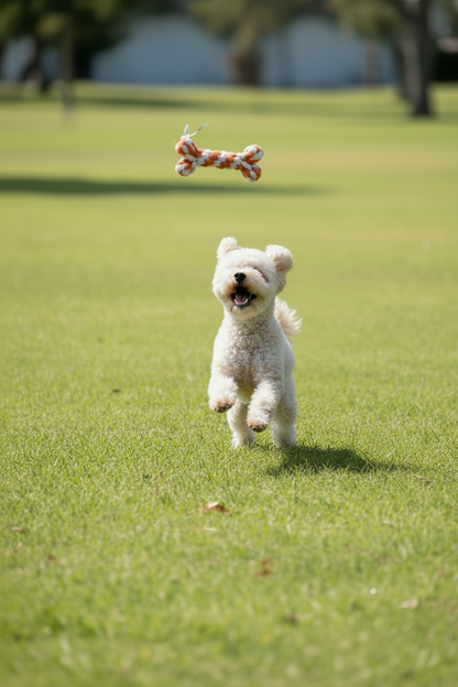 Small white dog running toward a handmade rope bone dog toy during an outdoor game of fetch