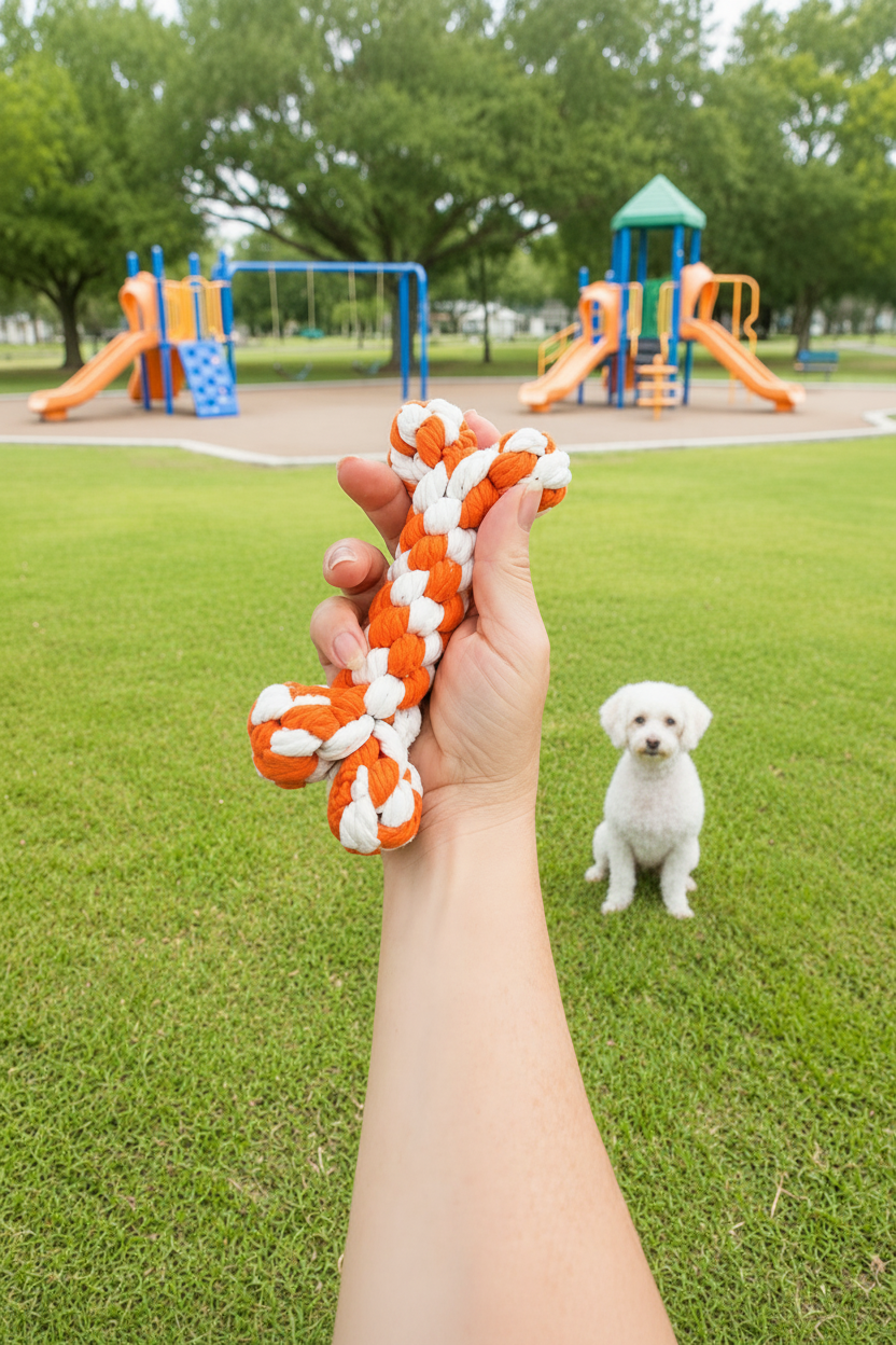 Handmade orange and white rope bone dog toy held outdoors with a small white dog in the background