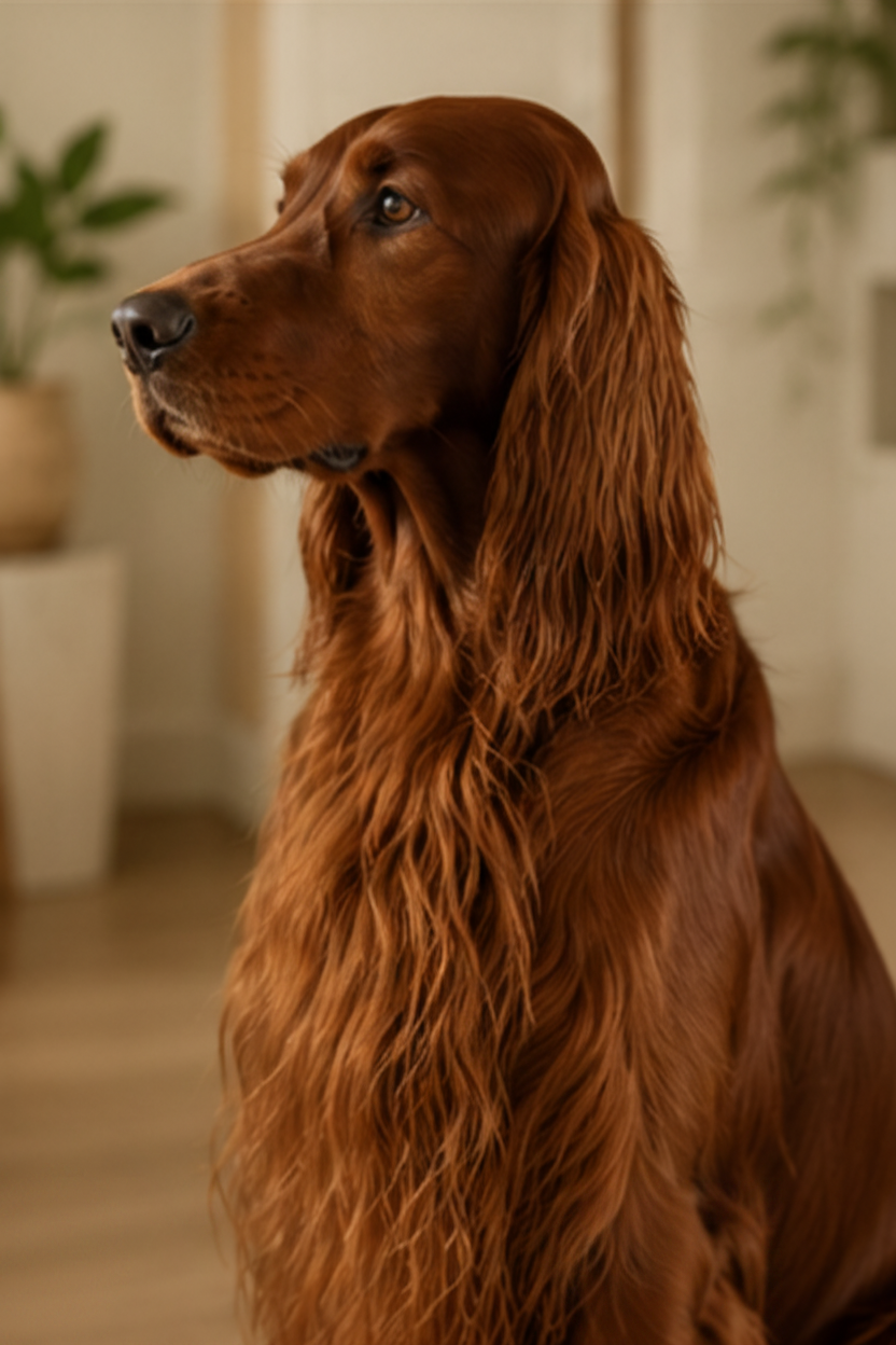 Freshly groomed Irish Setter with a clean, healthy-looking flowing coat