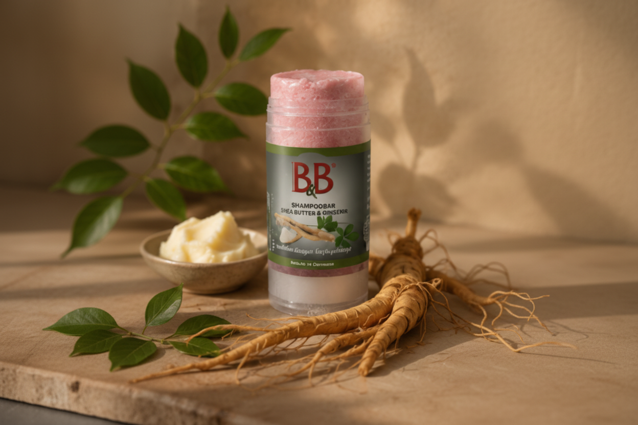 B&B Organic Shampoo Bar with Shea Butter & Ginseng surrounded by shea butter and ginseng root