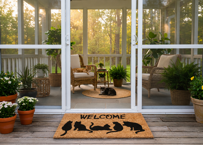 Welcome cat doormat with five cat silhouettes outside a screened porch