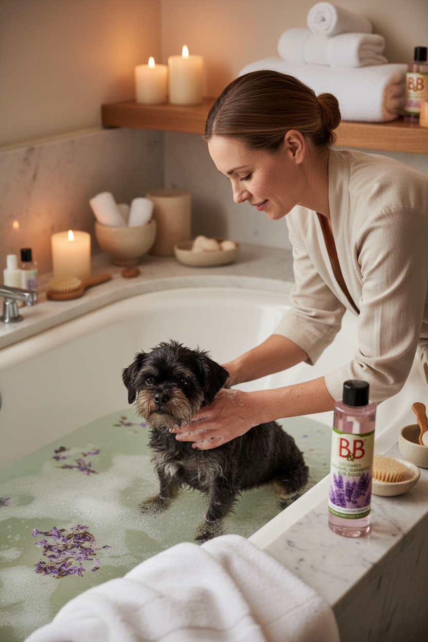 Dog being bathed with B&B Organic Lavender Shampoo in a home grooming setting