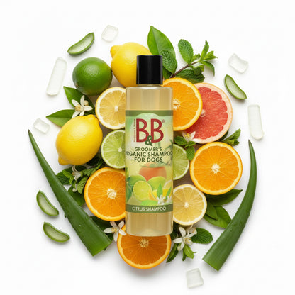 B&B Organic Citrus Shampoo for Dogs bottle surrounded by fresh citrus fruits