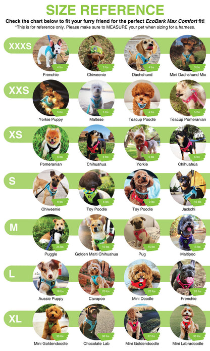 EcoBark dog harness breed size reference guide for teacup, toy, and small dog breeds