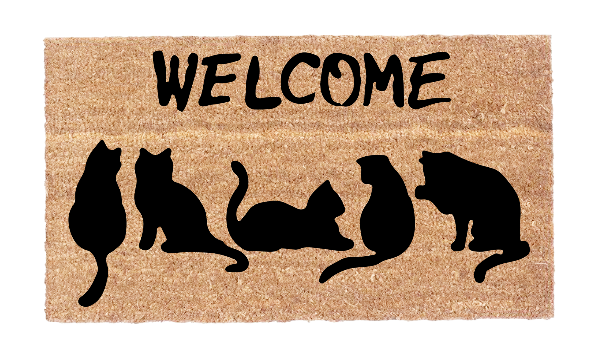 Welcome cat doormat with five black cat silhouettes on natural coir