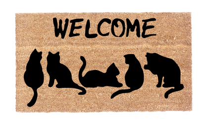 Welcome cat doormat with five black cat silhouettes on natural coir