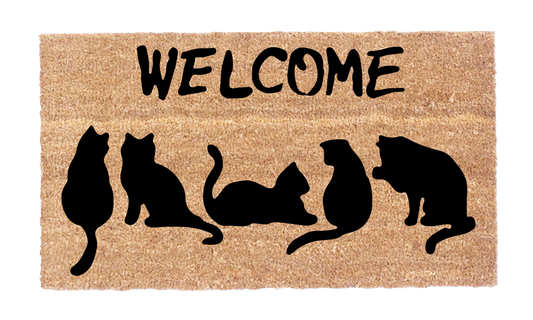 Welcome cat doormat with five black cat silhouettes on natural coir