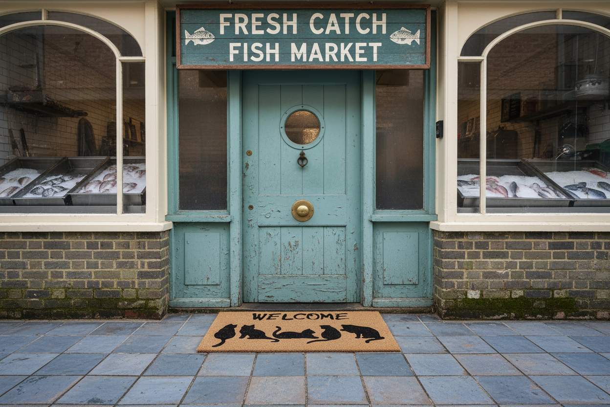 Welcome cat doormat with five cat silhouettes outside a fish market storefront