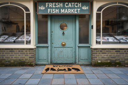 Welcome cat doormat with five cat silhouettes outside a fish market storefront