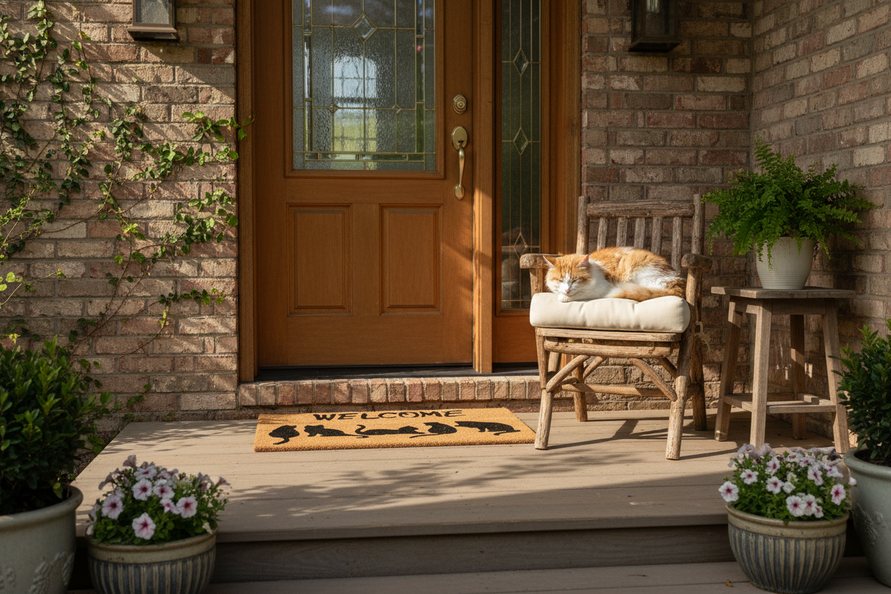 Welcome cat doormat with five cat silhouettes at a residential front door