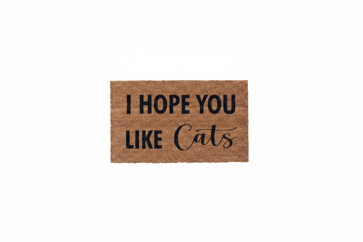 I Hope You Like Cats natural coir doormat on a white background