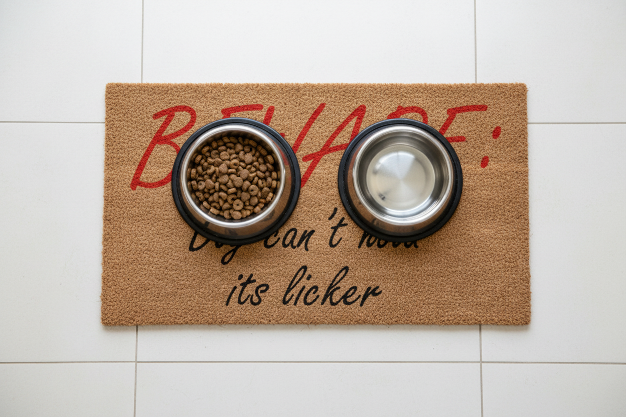 Beware: Dog Can’t Hold Its Licker coir doormat with pet bowls on top