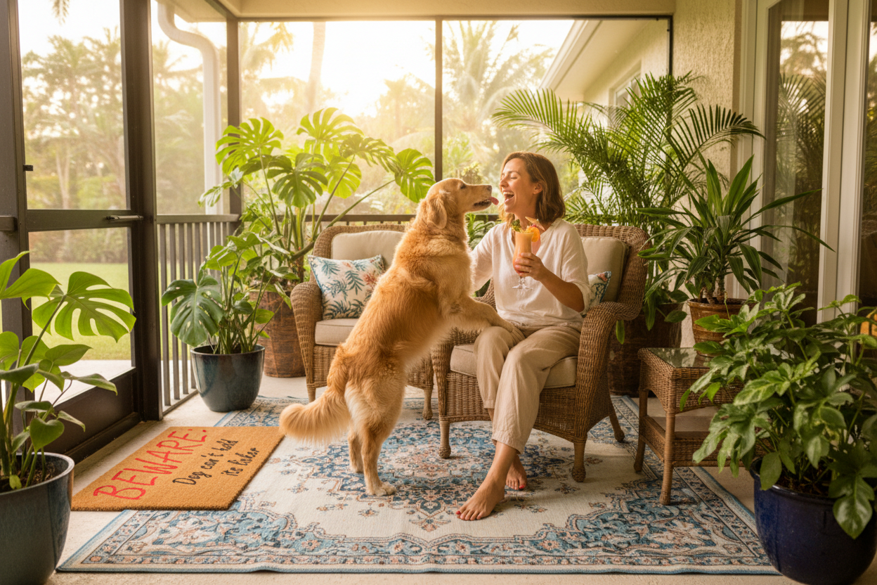 Lifestyle view of the Beware: Dog Can’t Hold Its Licker coir doormat on a screened entryway beside a dog and its owner.